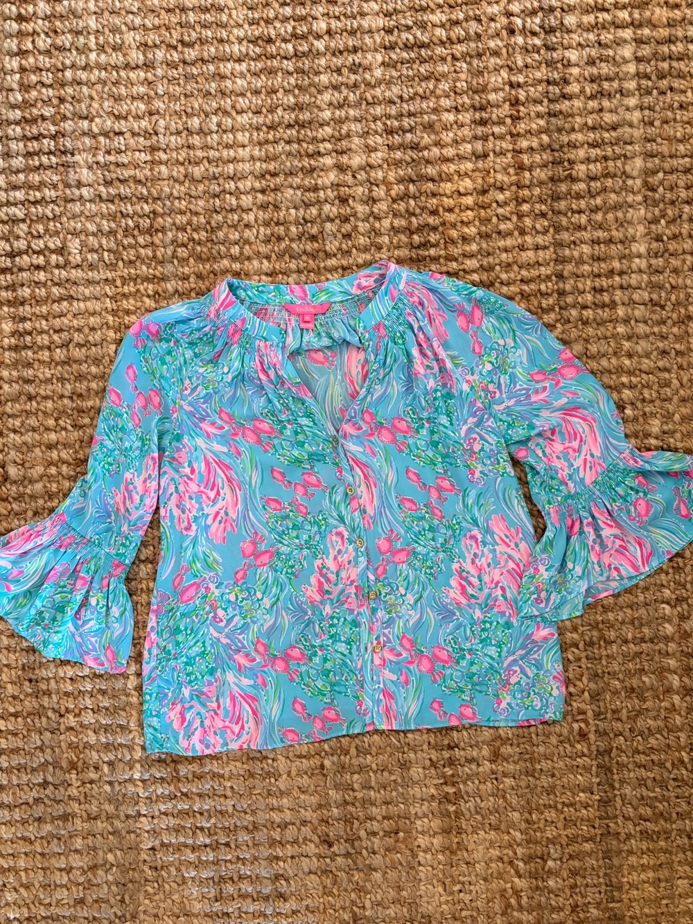 Lilly Pulitzer Blue Pink Sea Life Print Ruffle Sleeve Top M